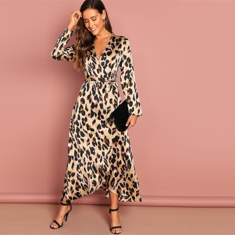 Women's Leopard Print Wrap Design Dress