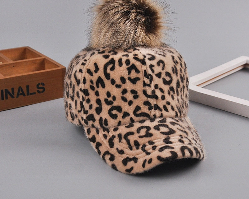Women's Leopard Patterned Baseball Cap with fur Pom Pon