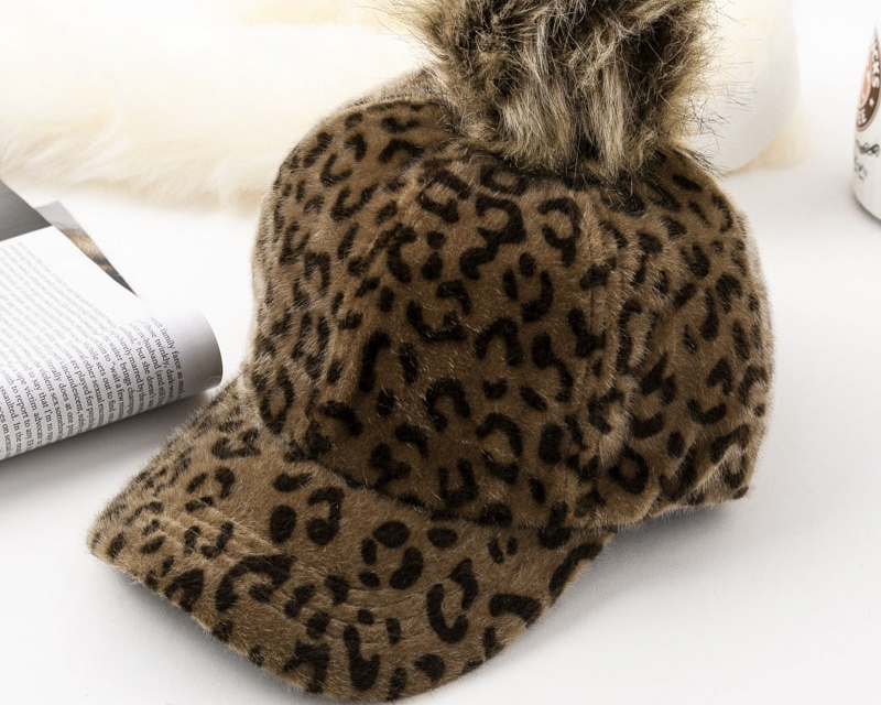 Women's Leopard Patterned Baseball Cap with fur Pom Pon
