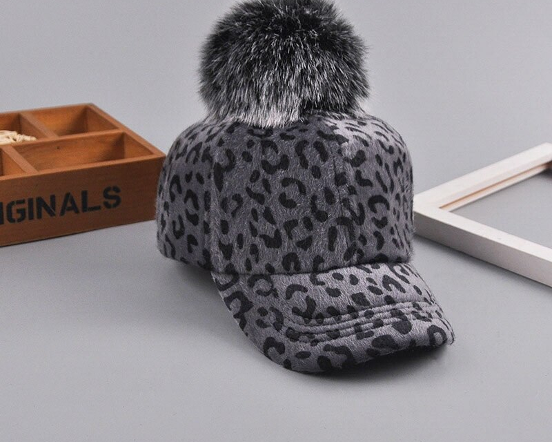 Women's Leopard Patterned Baseball Cap with fur Pom Pon