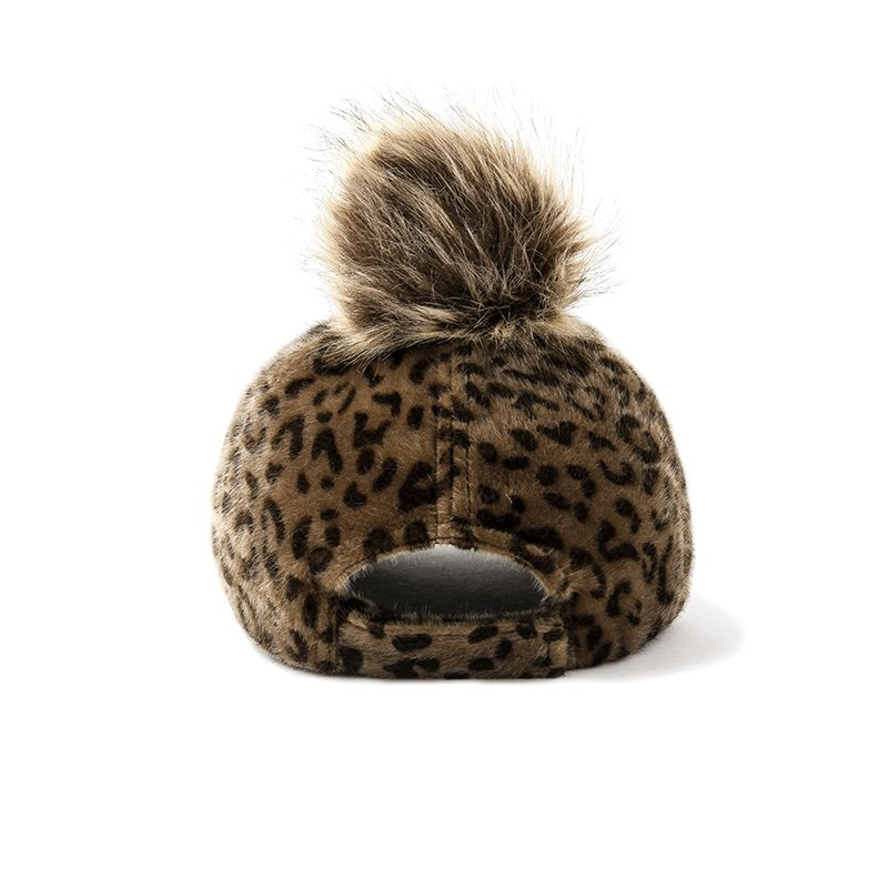 Women's Leopard Patterned Baseball Cap with fur Pom Pon