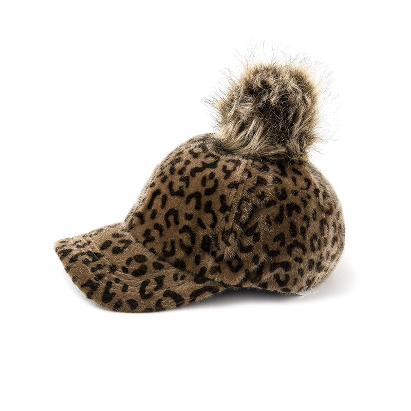 Women's Leopard Patterned Baseball Cap with fur Pom Pon
